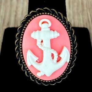 Pink and White Anchor Cameo Adjustable Ring, Handmade, NWT